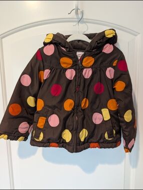 Gymboree Brown Hooded Puffer Jacket with Pink, Orange, Yellow & Red Polka Dots